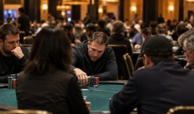 A group of people sitting around a green felt table playing a game of poker in a crowded, dimly lit casino hall.