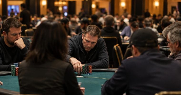 A group of people sitting around a green felt table playing a game of poker in a crowded, dimly lit casino hall.