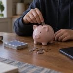 A person in a hoodie places a coin into a pink piggy bank on a wooden table next to a deck of playing cards and coins.