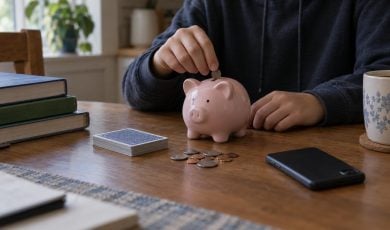 A person in a hoodie places a coin into a pink piggy bank on a wooden table next to a deck of playing cards and coins.
