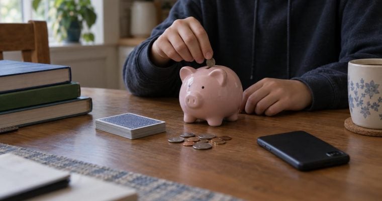 A person in a hoodie places a coin into a pink piggy bank on a wooden table next to a deck of playing cards and coins.