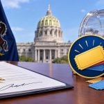 A fountain pen sits on a signed document in front of a Pennsylvania raffle ticket display with the state capitol building in the background.