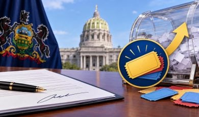 A fountain pen sits on a signed document in front of a Pennsylvania raffle ticket display with the state capitol building in the background.