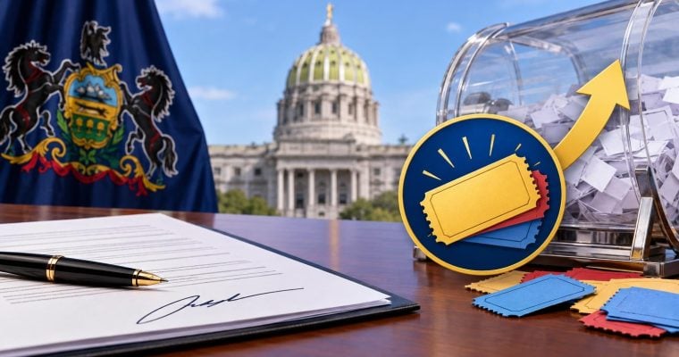 A fountain pen sits on a signed document in front of a Pennsylvania raffle ticket display with the state capitol building in the background.