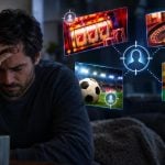 A distressed man sits with his head in his hands, surrounded by digital overlays of gambling imagery connected to human profile icons.