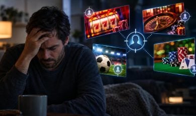A distressed man sits with his head in his hands, surrounded by digital overlays of gambling imagery connected to human profile icons.