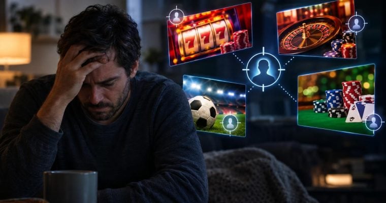 A distressed man sits with his head in his hands, surrounded by digital overlays of gambling imagery connected to human profile icons.