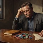 A middle-aged man in a suit sits at a desk looking distressed with a pile of casino chips and documents in front of him.