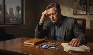 A middle-aged man in a suit sits at a desk looking distressed with a pile of casino chips and documents in front of him.