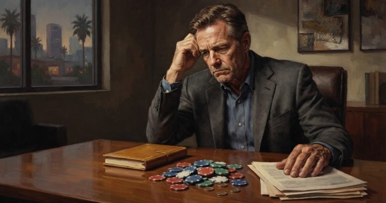 A middle-aged man in a suit sits at a desk looking distressed with a pile of casino chips and documents in front of him.