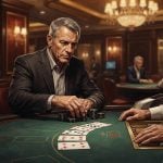 A middle-aged man in a suit plays a game of baccarat against a dealer at a table inside an opulent, dimly lit casino.