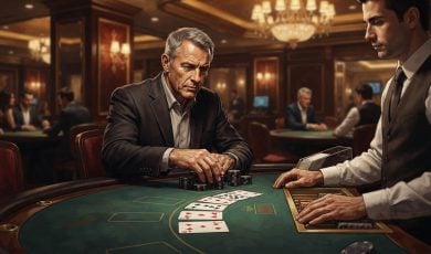 A middle-aged man in a suit plays a game of baccarat against a dealer at a table inside an opulent, dimly lit casino.