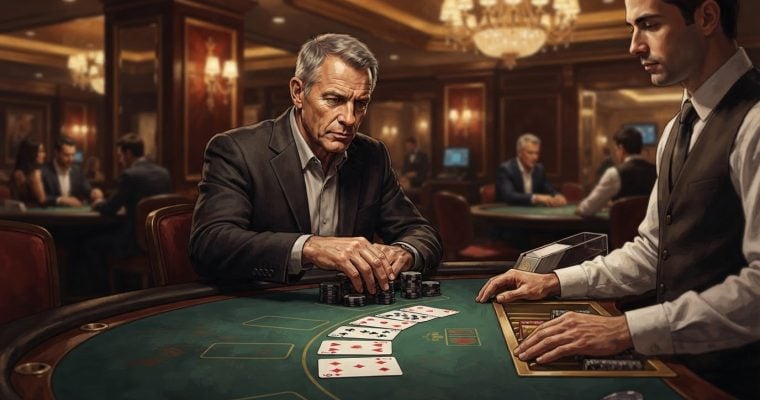 A middle-aged man in a suit plays a game of baccarat against a dealer at a table inside an opulent, dimly lit casino.
