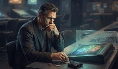A man in a dark jacket sits at a table in a dimly lit room, looking thoughtfully at a glowing digital interface with coins nearby.