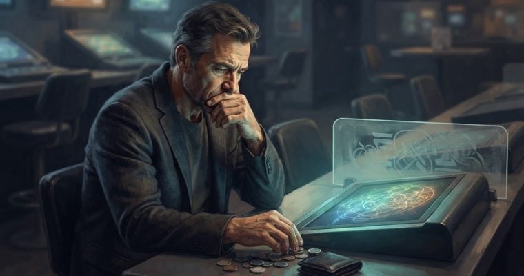 A man in a dark jacket sits at a table in a dimly lit room, looking thoughtfully at a glowing digital interface with coins nearby.