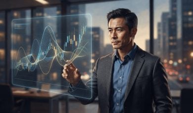 A man in a professional suit interacts with a translucent holographic display showing financial stock market trends in a high-rise office.