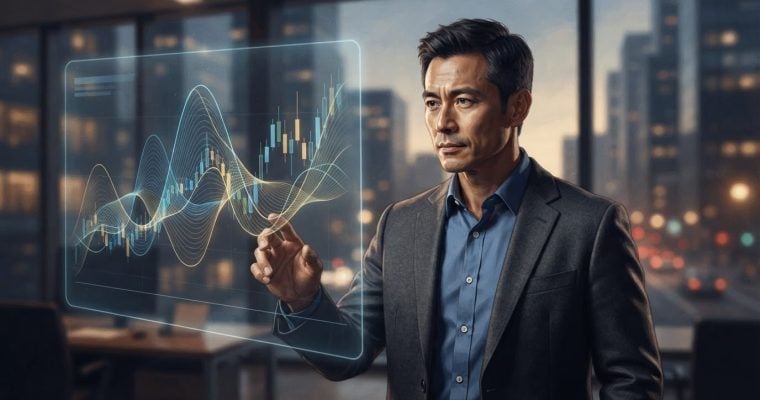 A man in a professional suit interacts with a translucent holographic display showing financial stock market trends in a high-rise office.