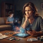 A concerned woman sits at a table looking at a smartphone, with a hologram above a tablet, gambling chips, and playing cards nearby.