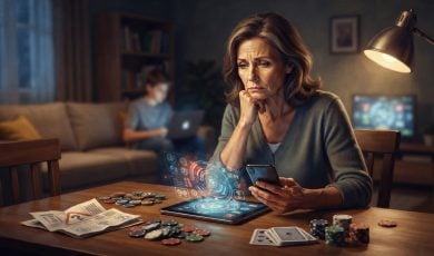 A concerned woman sits at a table looking at a smartphone, with a hologram above a tablet, gambling chips, and playing cards nearby.