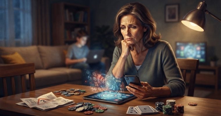 A concerned woman sits at a table looking at a smartphone, with a hologram above a tablet, gambling chips, and playing cards nearby.