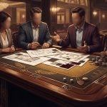 Four faceless professionals in business attire stand around a large casino-style table examining architectural floor plans.