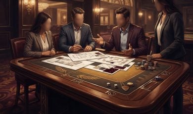 Four faceless professionals in business attire stand around a large casino-style table examining architectural floor plans.