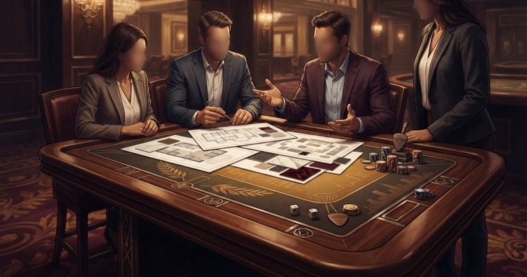 Four faceless professionals in business attire stand around a large casino-style table examining architectural floor plans.