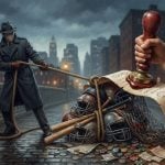 A man in a trench coat pulls a pile of sports equipment tied with rope as a large authority figure's hand uses a wax seal.