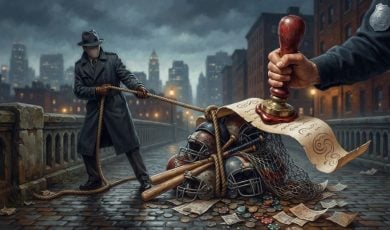 A man in a trench coat pulls a pile of sports equipment tied with rope as a large authority figure's hand uses a wax seal.