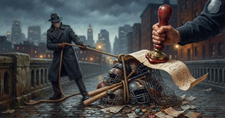 A man in a trench coat pulls a pile of sports equipment tied with rope as a large authority figure's hand uses a wax seal.