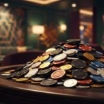 A large pile of casino chips rests on a table in a dimly lit, blurred casino environment.