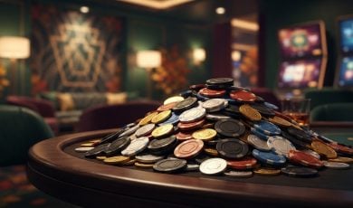 A large pile of casino chips rests on a table in a dimly lit, blurred casino environment.