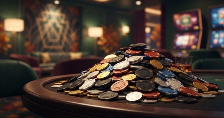 A large pile of casino chips rests on a table in a dimly lit, blurred casino environment.