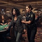 A female police officer escorts a disheveled woman away from a poker table in a casino while another officer walks nearby.