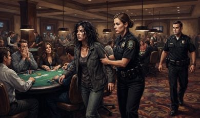 A female police officer escorts a disheveled woman away from a poker table in a casino while another officer walks nearby.