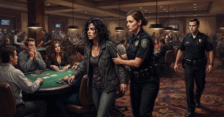 A female police officer escorts a disheveled woman away from a poker table in a casino while another officer walks nearby.