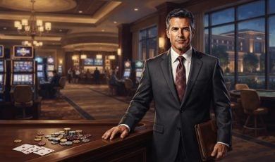 A man in a dark suit stands in a casino with slot machines in the background and playing cards on a table in the foreground.