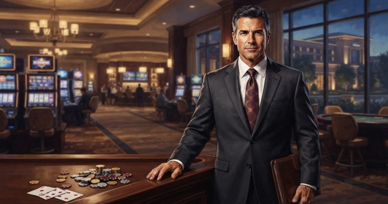 A man in a dark suit stands in a casino with slot machines in the background and playing cards on a table in the foreground.