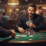 Two men play a game of poker at a green table in a dimly lit casino.