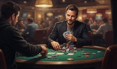 Two men play a game of poker at a green table in a dimly lit casino.