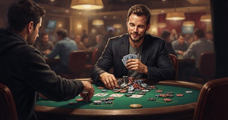 Two men play a game of poker at a green table in a dimly lit casino.
