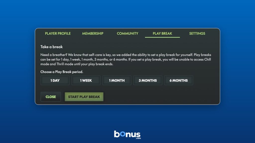 Play Break's own setup screen, the single safety tool that actually exists here.