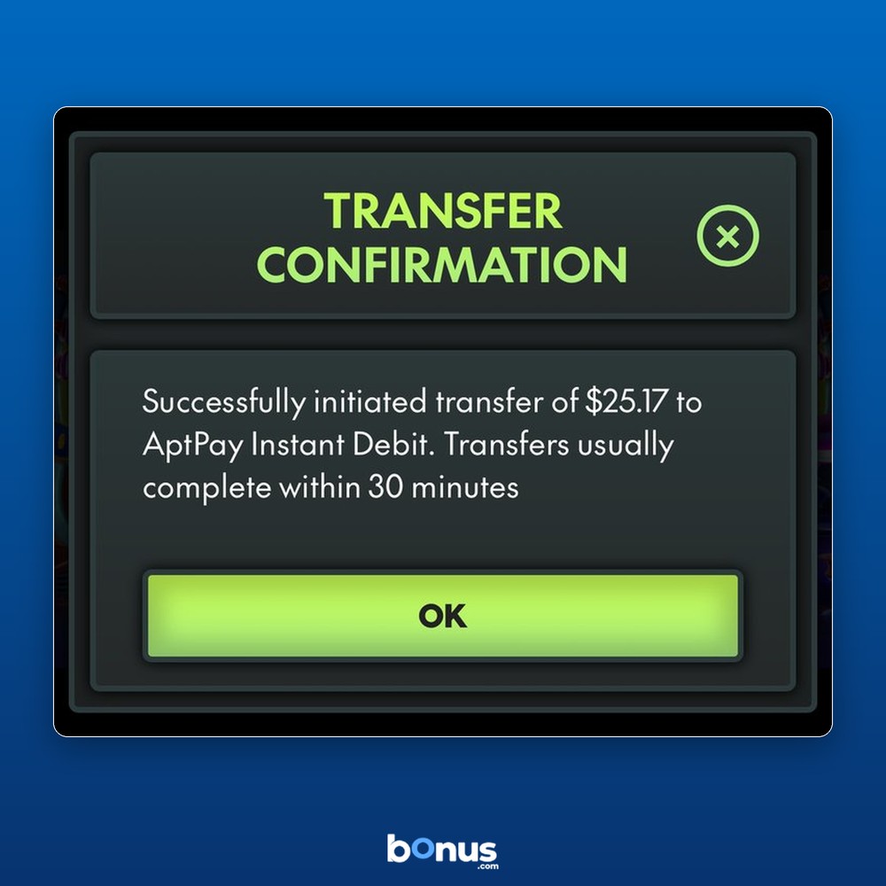 the withdrawal confirming, 30 minutes after the request went in.