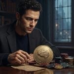 A man in a suit sits at a desk with piles of poker chips and a large gold coin featuring an embossed brain.