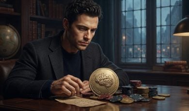 A man in a suit sits at a desk with piles of poker chips and a large gold coin featuring an embossed brain.