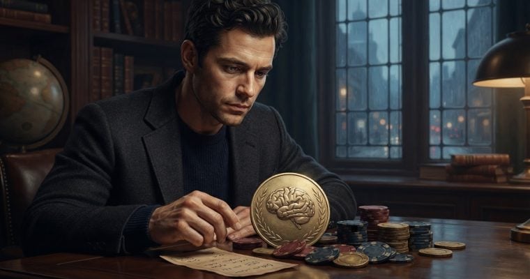 A man in a suit sits at a desk with piles of poker chips and a large gold coin featuring an embossed brain.